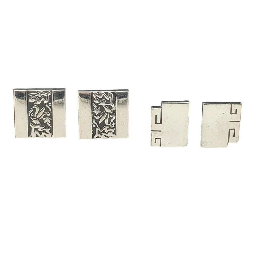 Swank Cufflinks Silver Tone & Black Enamel Engraved Modernist Greek Key Vintage